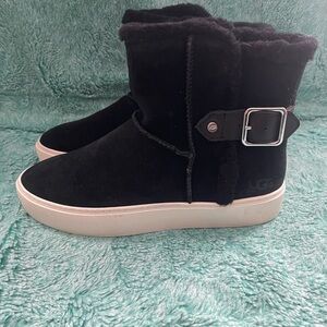 UGG Black Suede Shearling Ankle Boot with Buckle